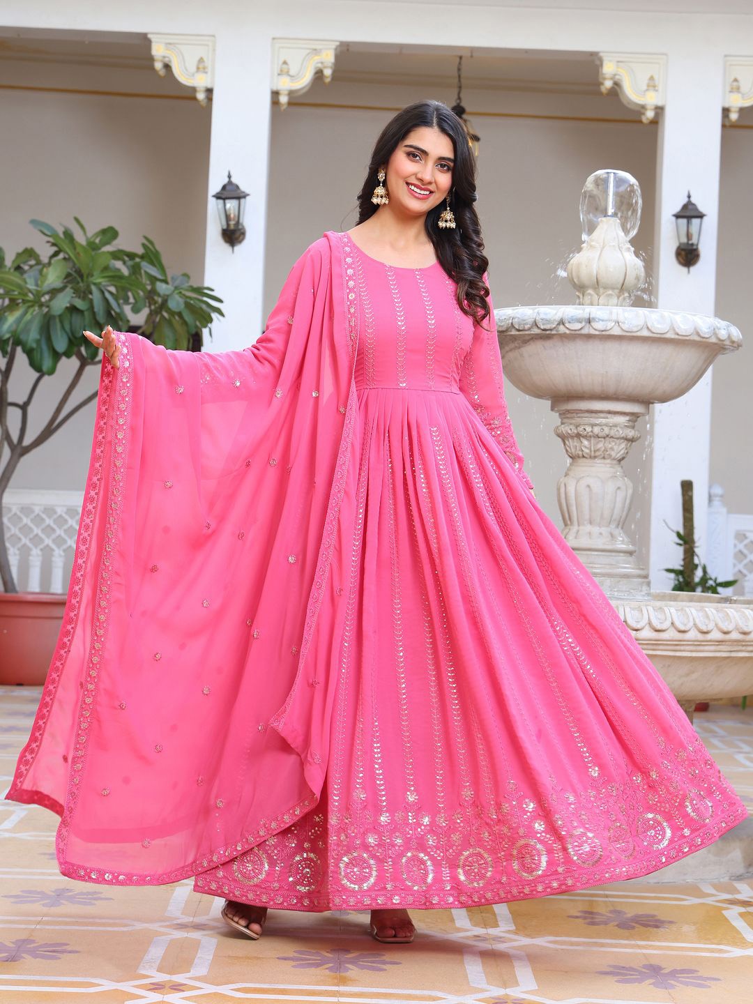 

KALINI Floral Embroidered Georgette Anarkali Kurta With Pyjamas And Dupatta, Pink