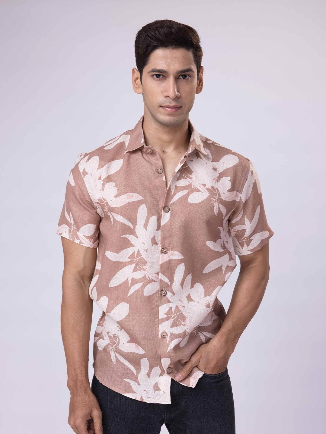 

Big Bunny Men Custom Fit Spread Collar Floral Printed Casual Shirt, Beige