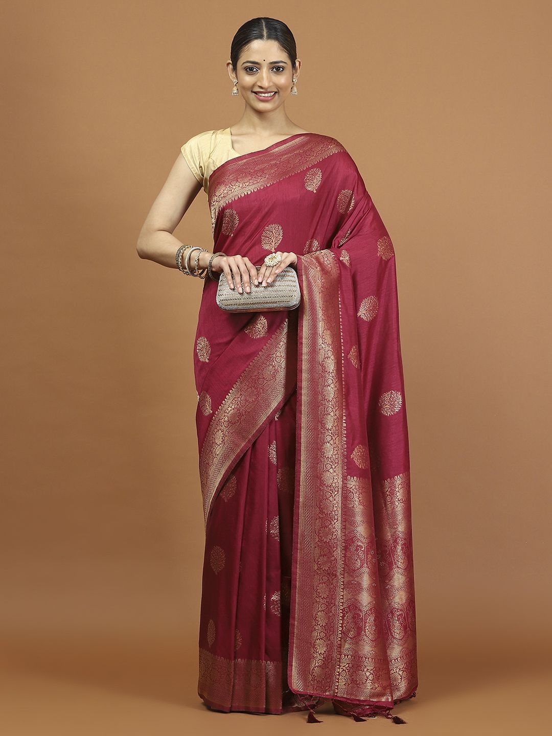 

Meena Bazaar Woven Design Zari Saree, Burgundy
