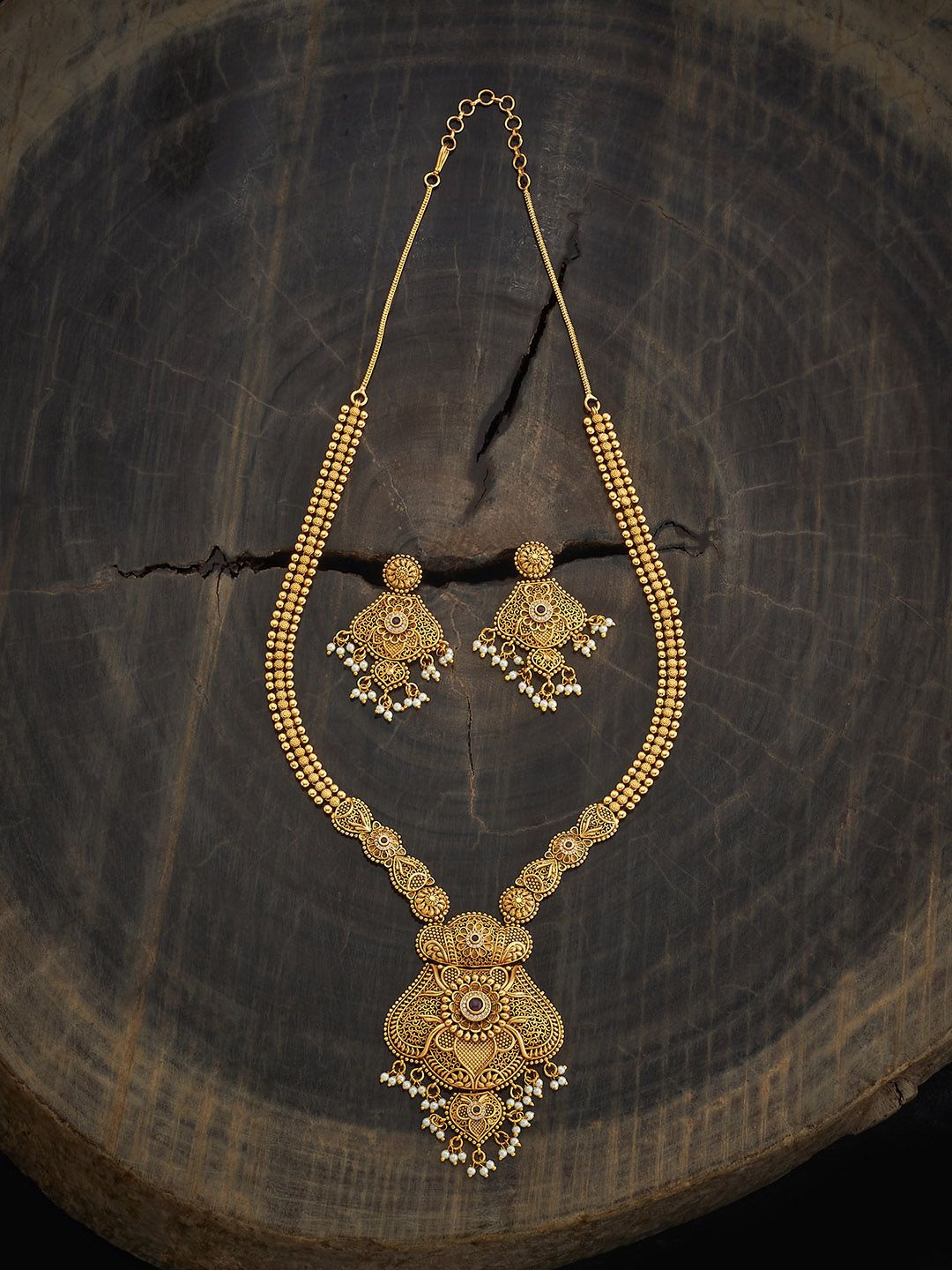 

Kushal's Fashion Jewellery Gold-Plated Ruby Studded Ethnic Antique Jewellery Set