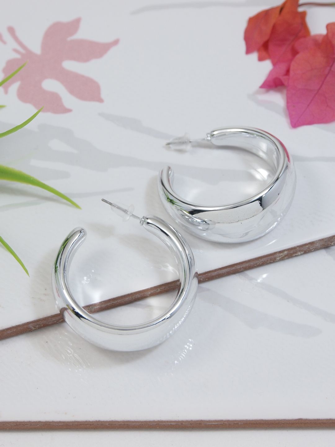 

I Jewels Silver Plated Contemporary Shaped Half Hoop Earrings