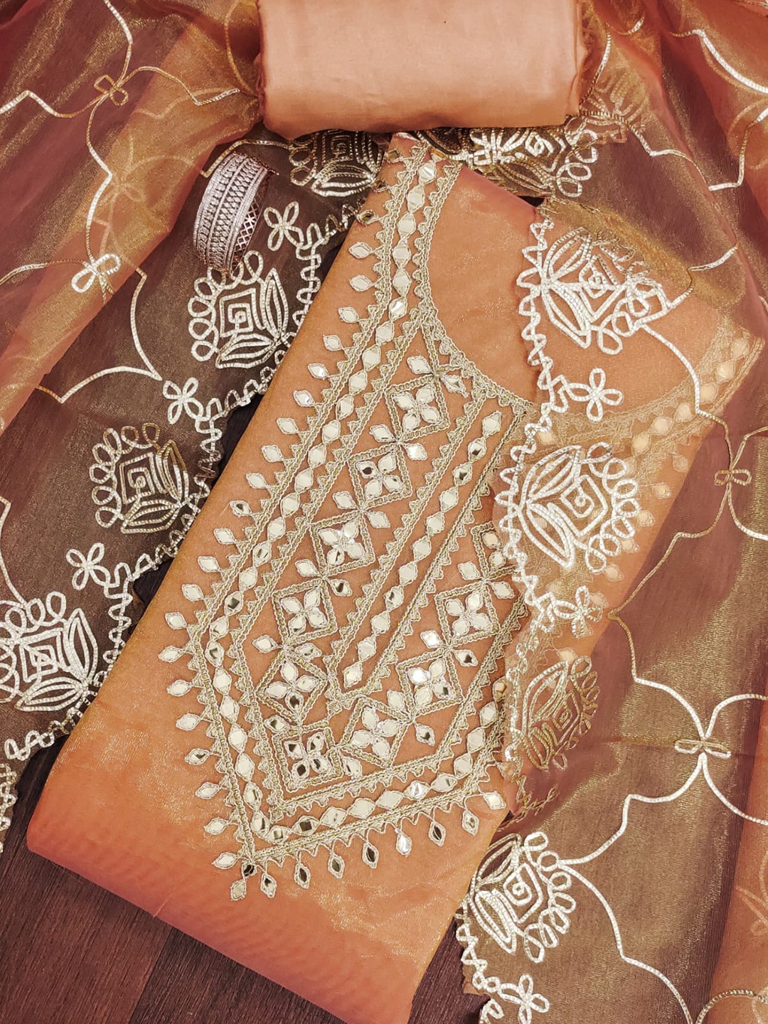 

BlissFlair Geometric Embroidered Mirror Work Organza Unstitched Dress Material, Peach