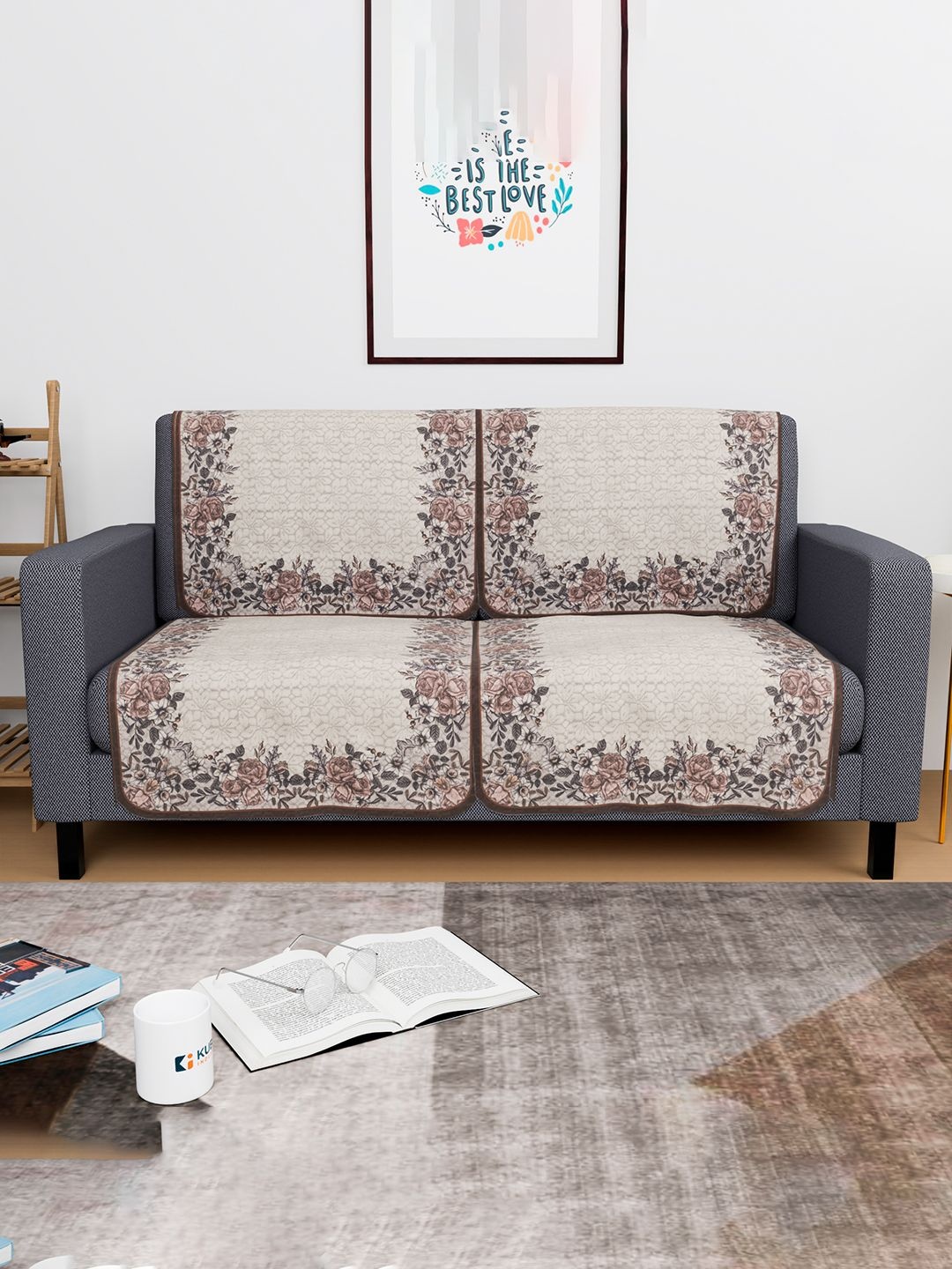 

Kuber Industries Cream-Coloured & Brown 4 Pieces Floral Printed Cotton Sofa Covers