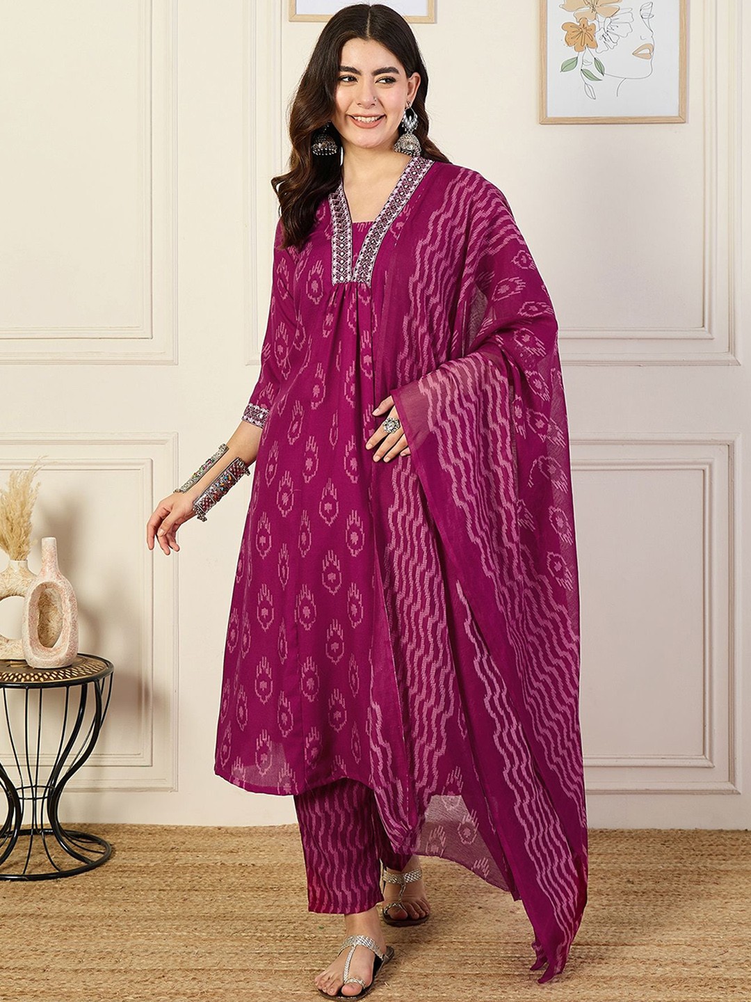 

DIVASTRI Floral Printed V-Neck Mirror Work A-Line Kurta With Trousers & Dupatta, Pink