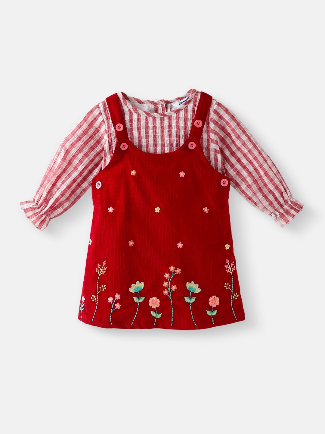 

Nauti Nati Infant Girls Corduroy Embroidered Cotton Dungaree With Checked T-shirt, Red