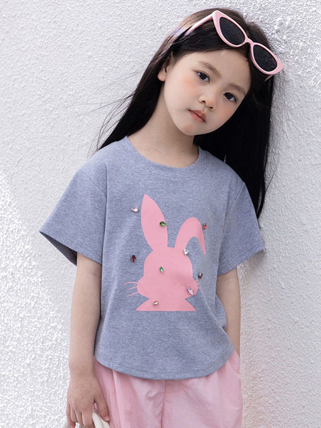 

LULU & SKY Girls Graphic Printed Round Neck Cotton Relaxed Fit T-shirt, Grey