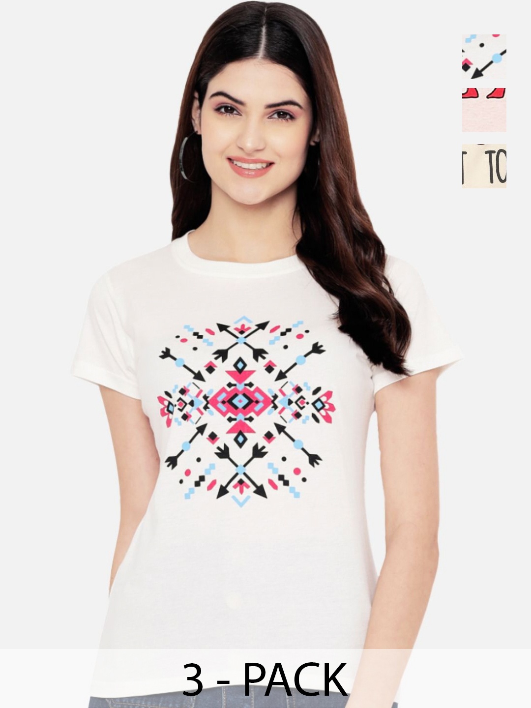 

Dreambe Women Pack of 3 Graphic Printed Round Neck Cotton T-shirts, White
