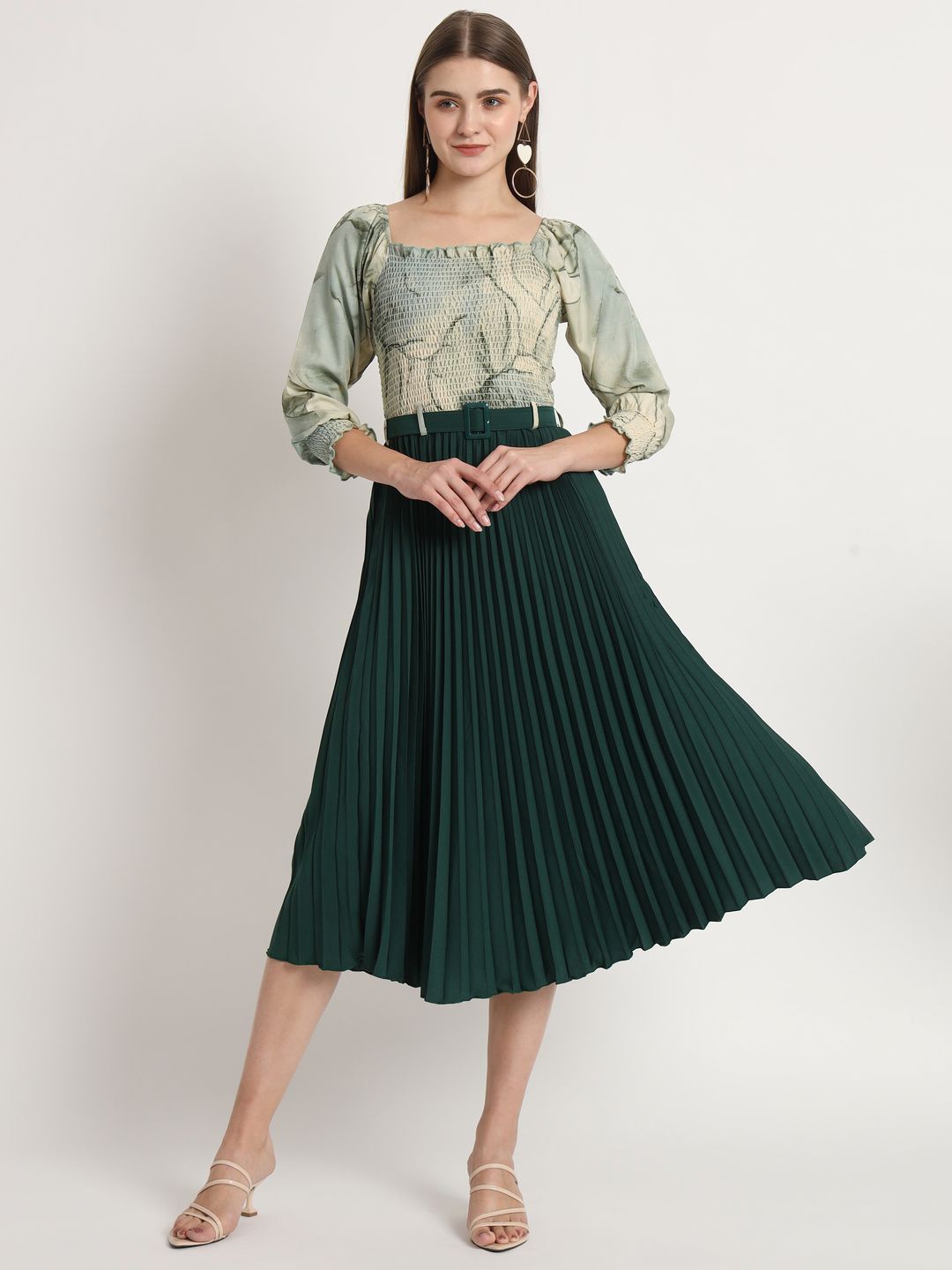 

OTABU Print Applique Fit & Flare Midi Dress, Green