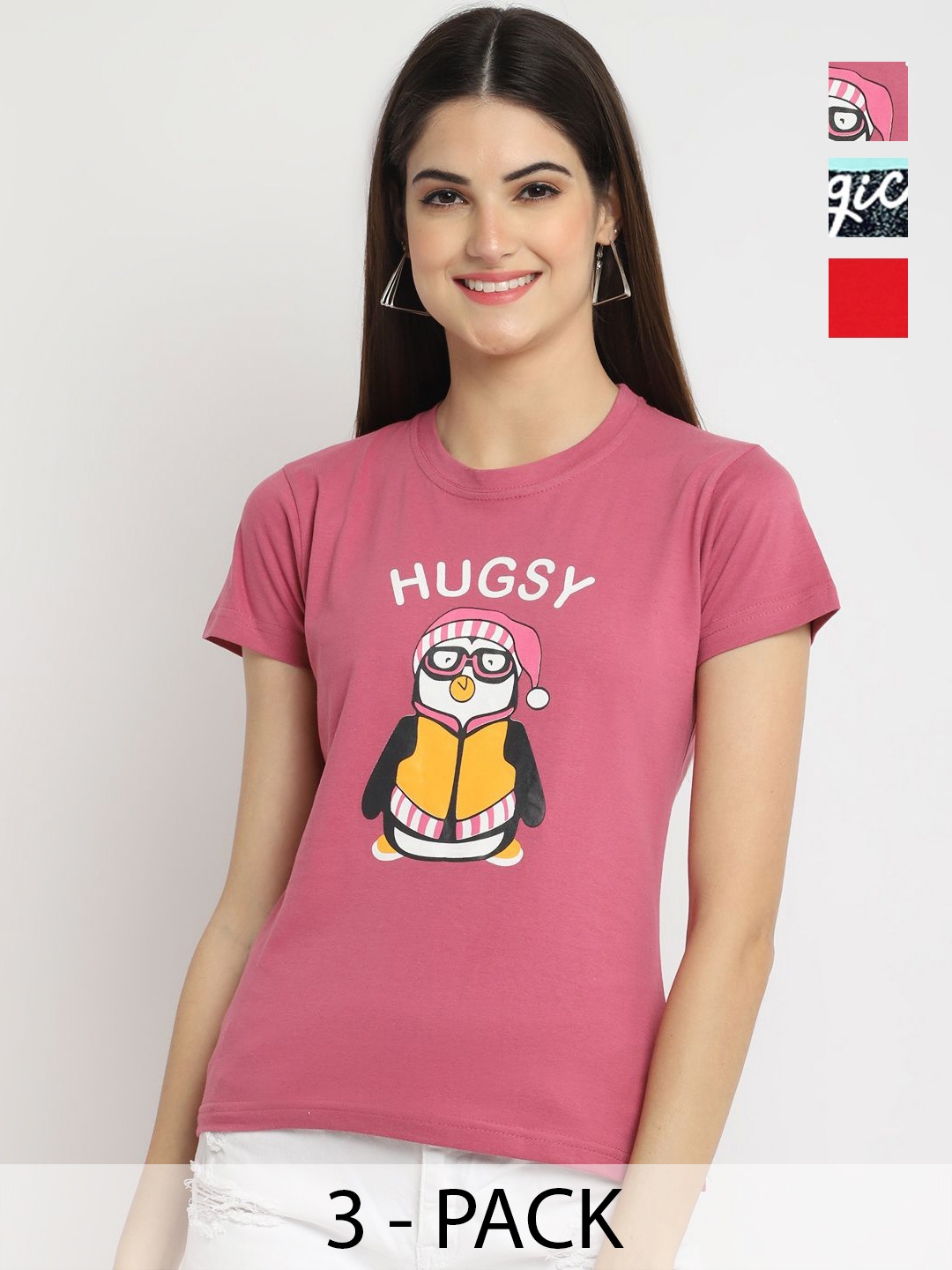 

Dreambe Women Pack of 3 Graphic Printed Round Neck Cotton T-shirts, Mauve