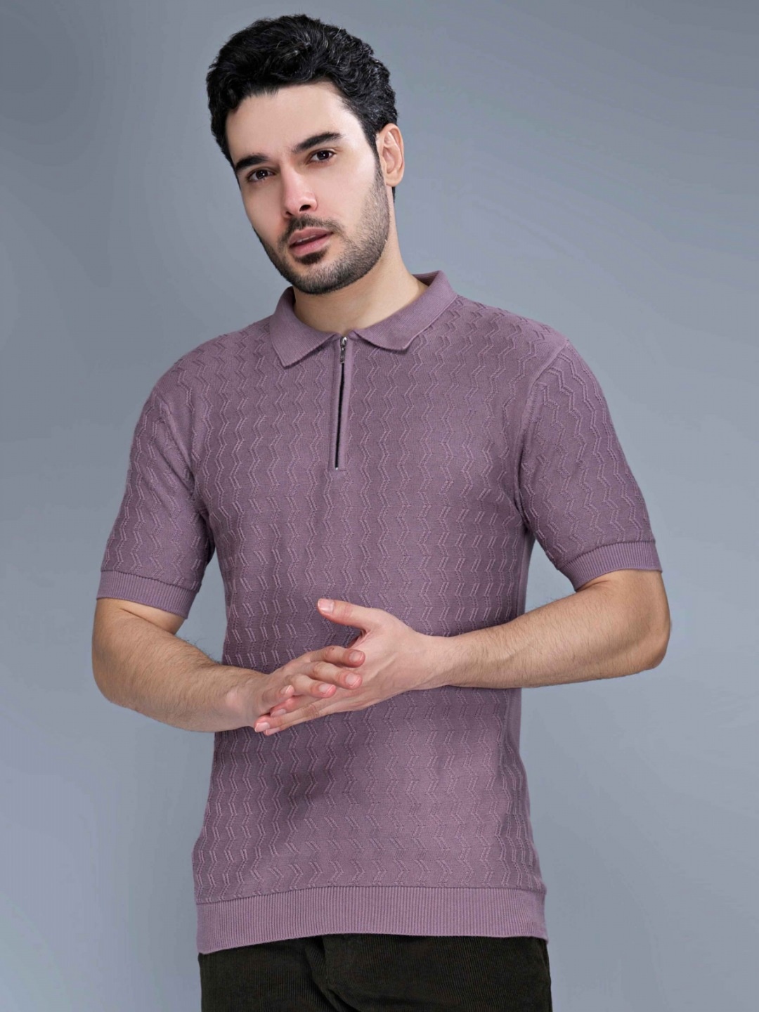 

MAXZONE Luxe Self Design Polo Collar Short Sleeves Cotton T-shirt, Pink