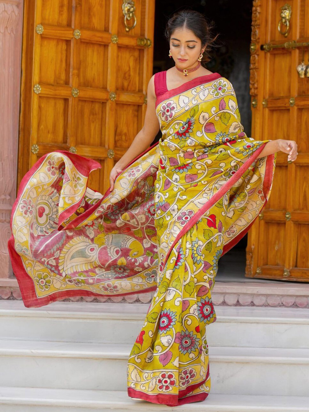 

Mitera Kalamkari Printed Pure Cotton Saree, Mustard