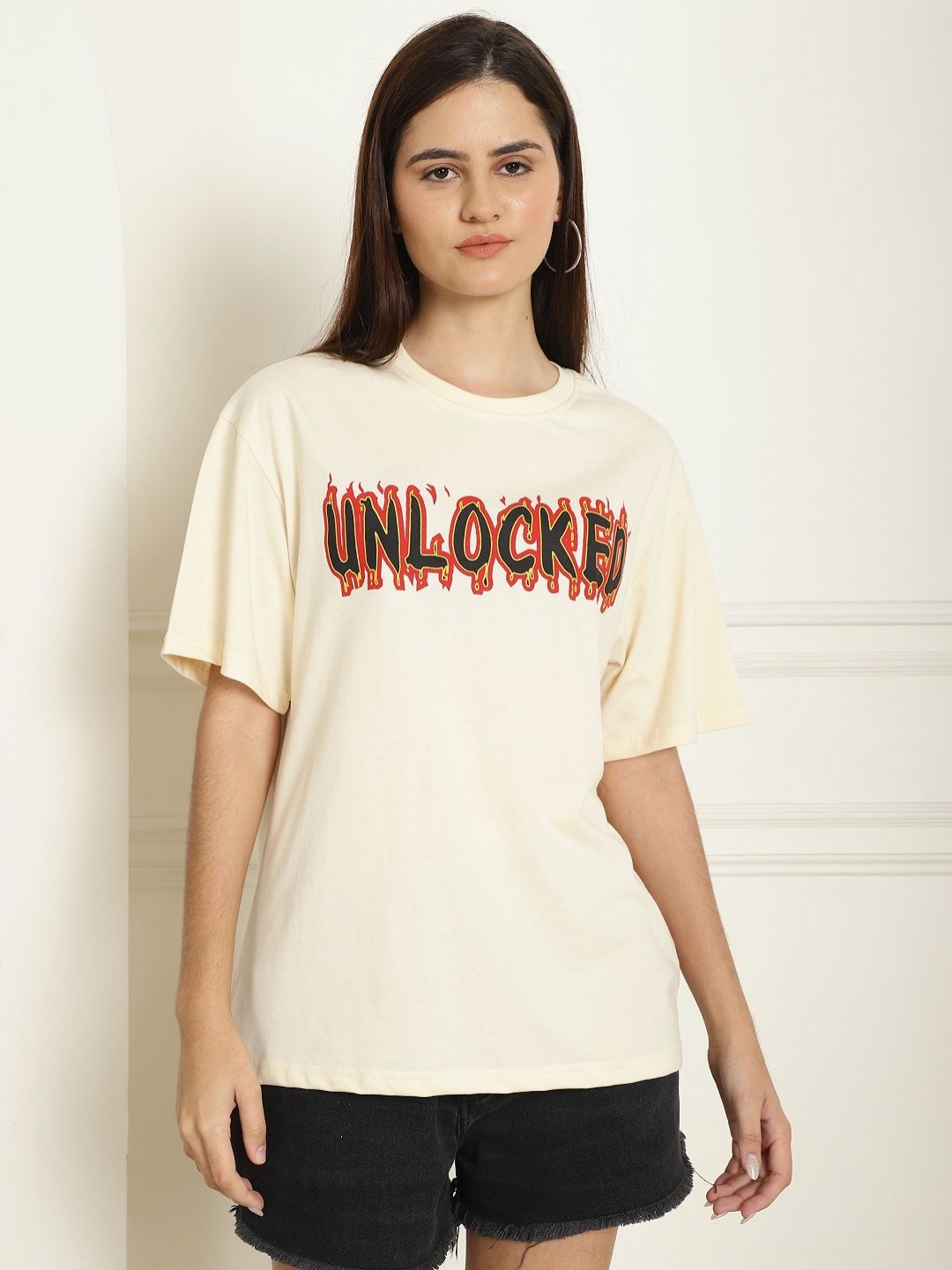 

Tromko Typography Printed Round Neck Short Sleeves Cotton Oversized T-shirt, Cream