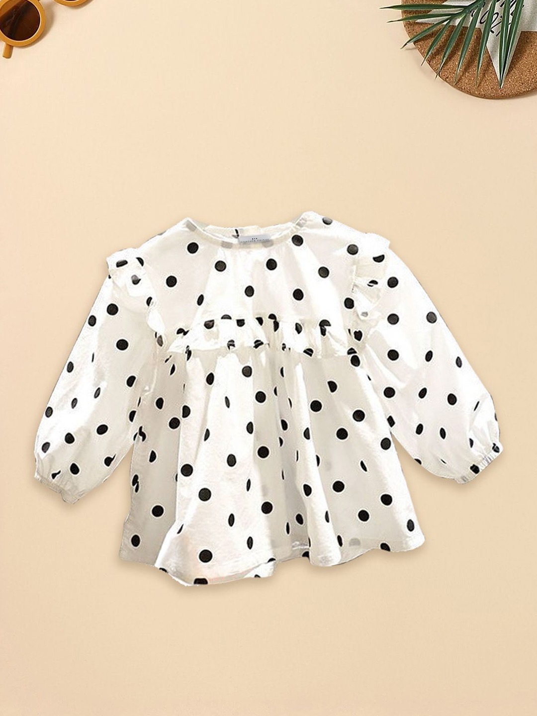 

FOREVER FRIDAY Girls Polka Dot Printed Puff Sleeve Cotton Top, White