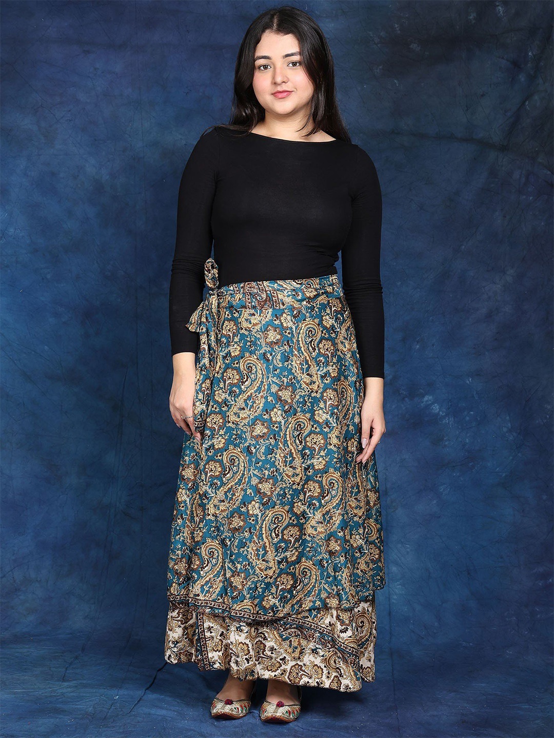 

Exotic India Women Double Layer Wrap-Around Long Skirt With Floral Print, Blue
