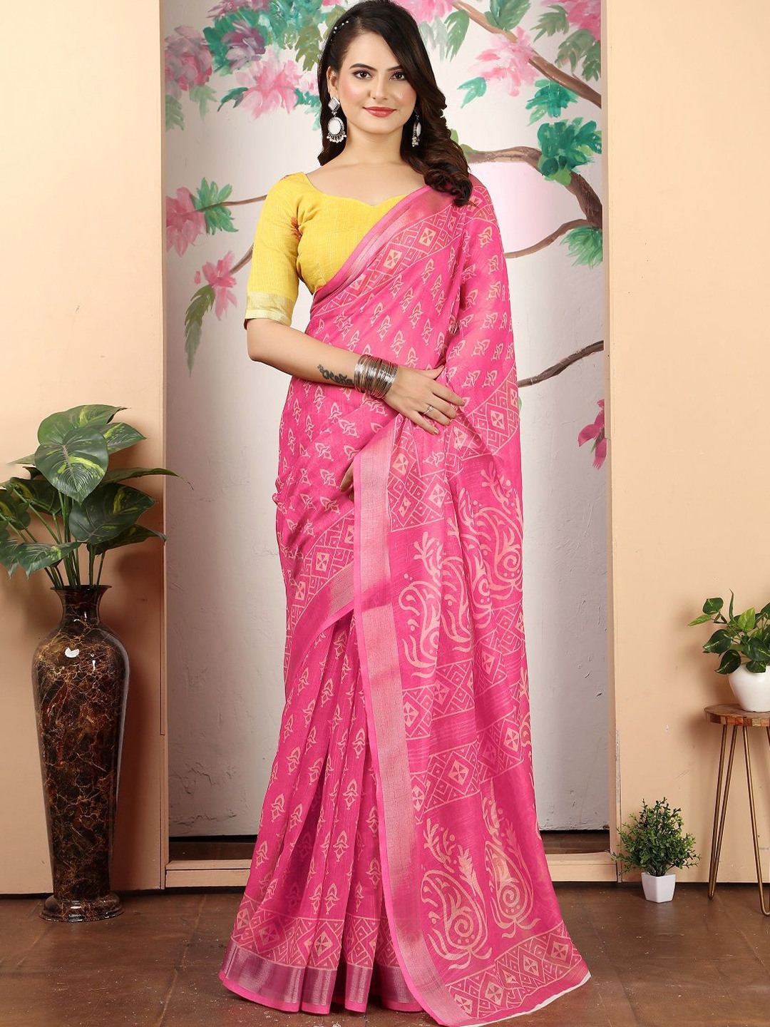 

Sarvada Geometric Printed Pure Cotton Saree, Pink