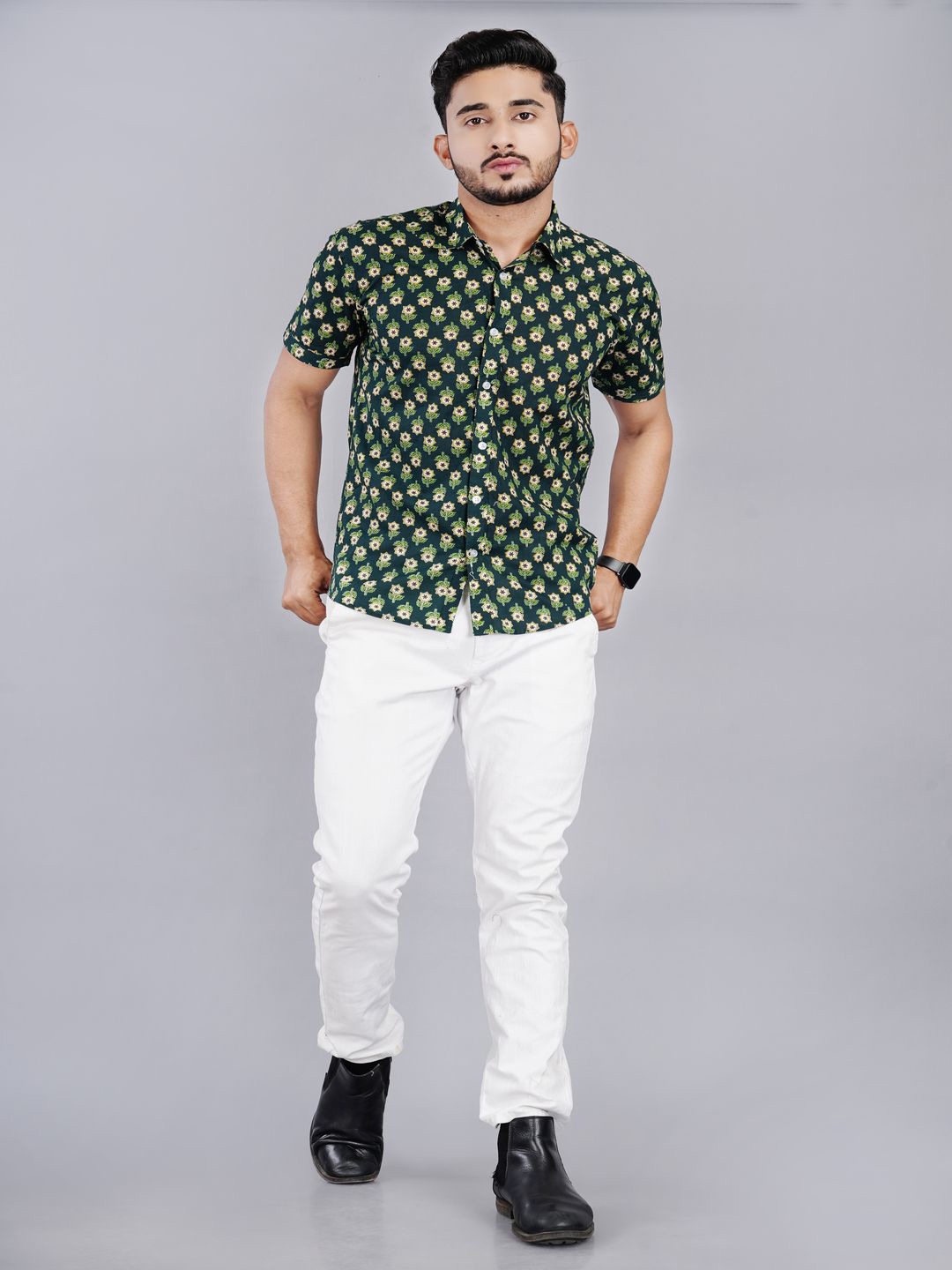 

MANRANGI Men Spread Collar Floral Printed Cotton Casual Shirt, Teal