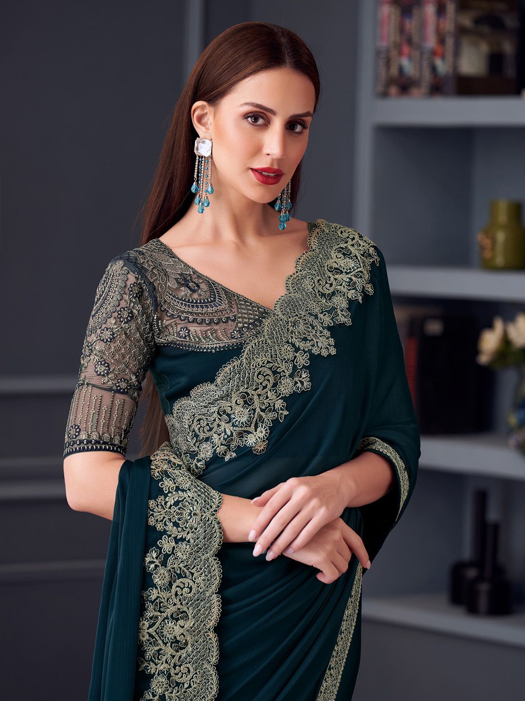 

Mitera Embroidered Pure Chiffon Saree, Teal
