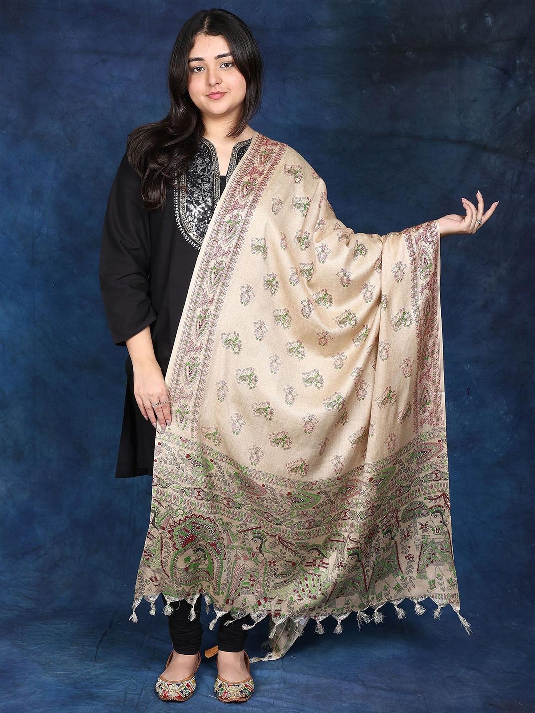 

Exotic India Madhubani Art With Printed Wedding Palanquin and Peacocks Dupatta, Beige