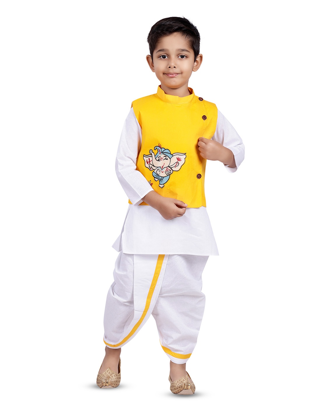 

BAESD Boys Mandarin Collar Straight Kurta With Dhoti Pants With Waistcoat, Yellow