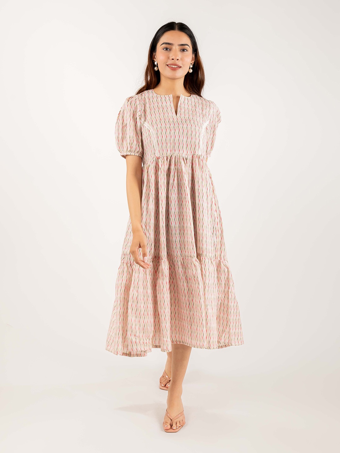 

MONOMEE Women Printed Puff Sleeves Cotton Fit & Flare Midi Dress, White