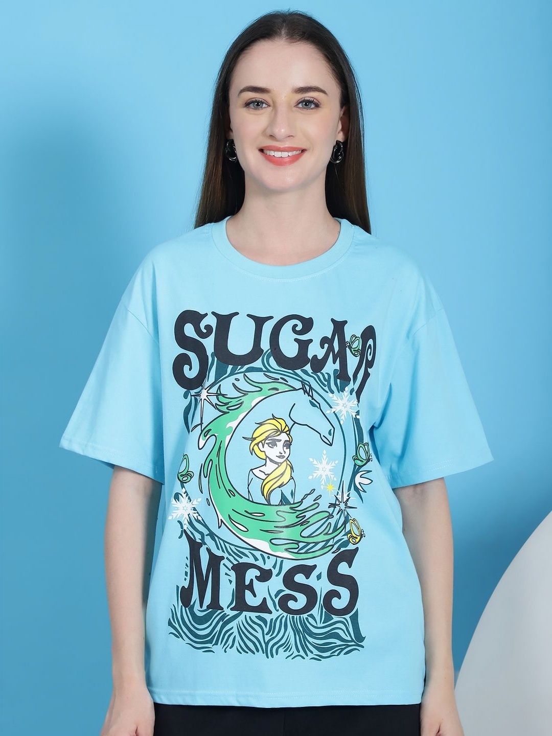 

Tromko Women Graphic Printed Round Neck Cotton Oversized T-shirt, Blue
