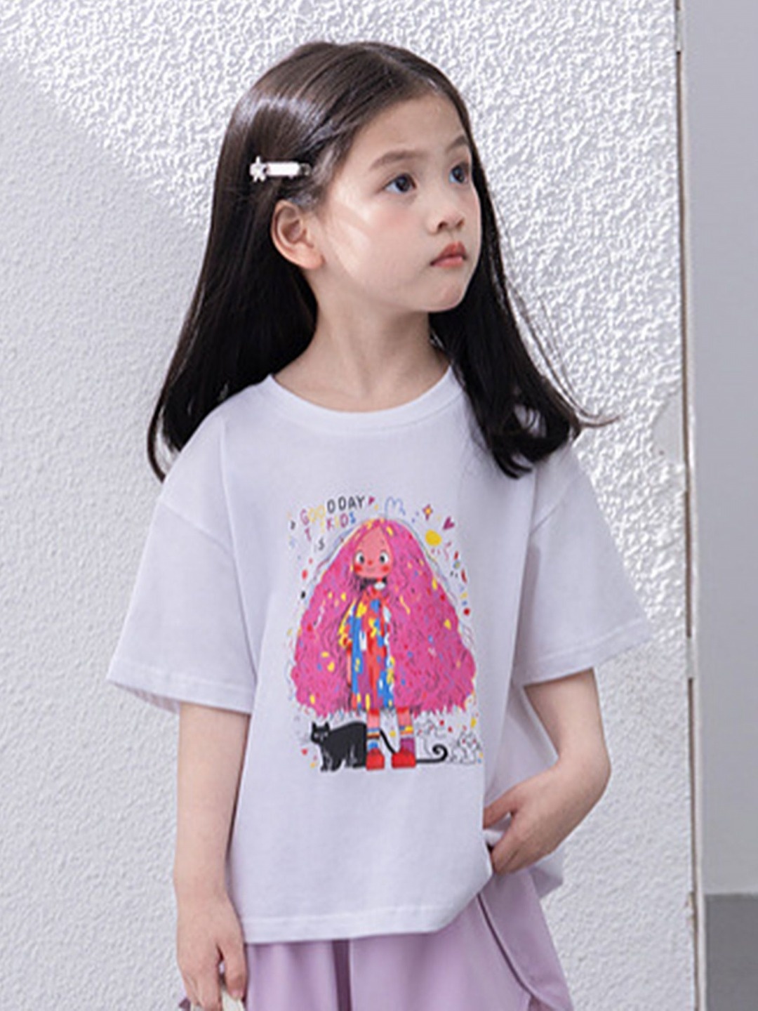 

LULU & SKY Girls Graphic Printed Round Neck Cotton Relaxed Fit T-shirt, White