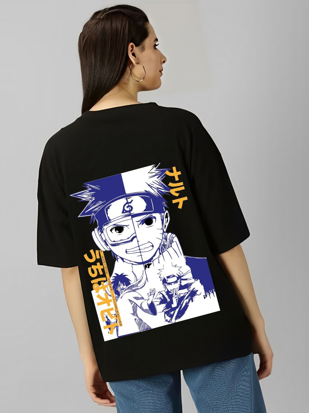 

kintu parantu Women Naruto Graphic Printed Round Neck Cotton Oversized T-shirt, Black