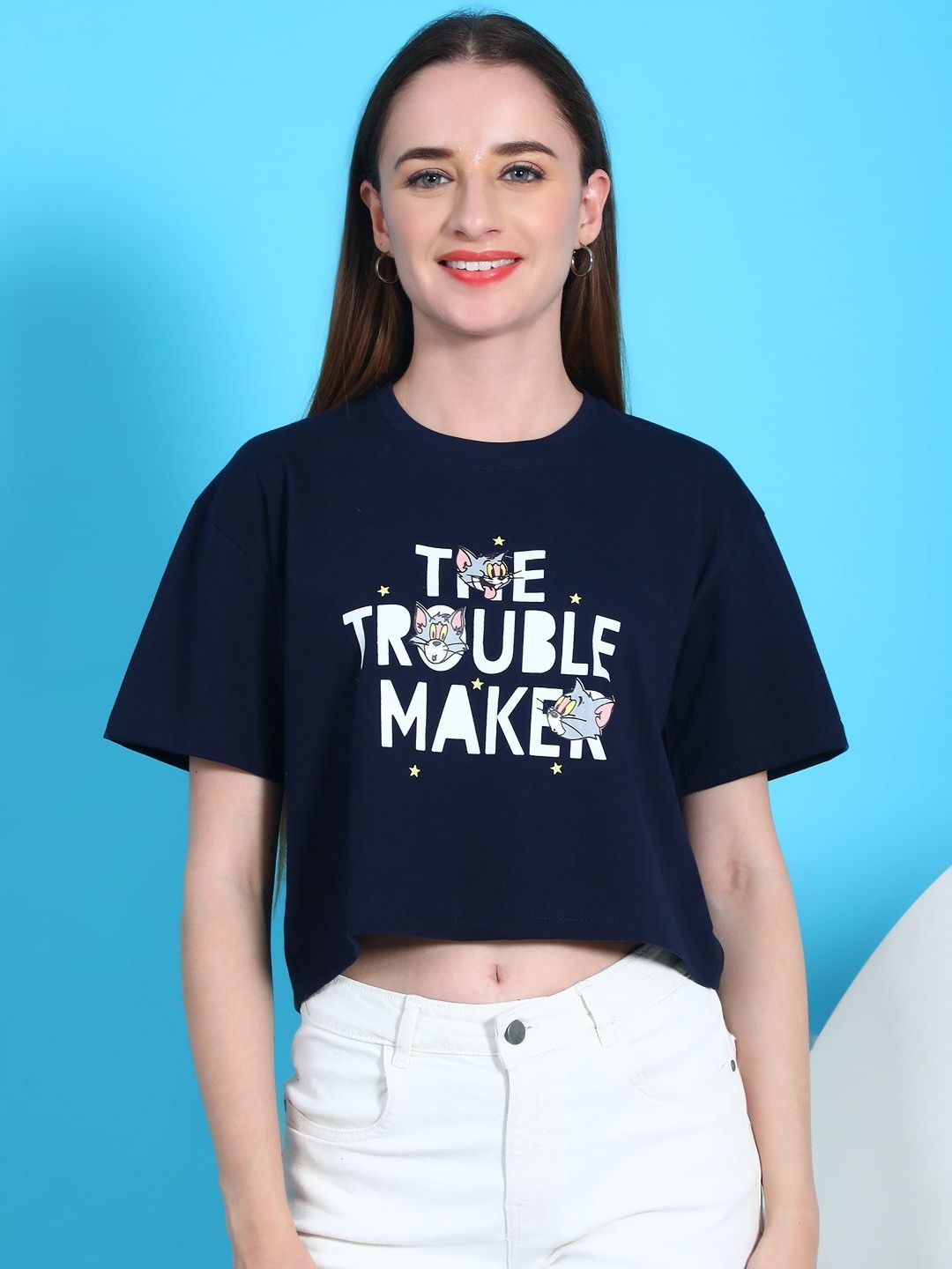 

Dreambe Typography Printed Boxy Fit Pure Cotton Crop T-shirt, Navy blue