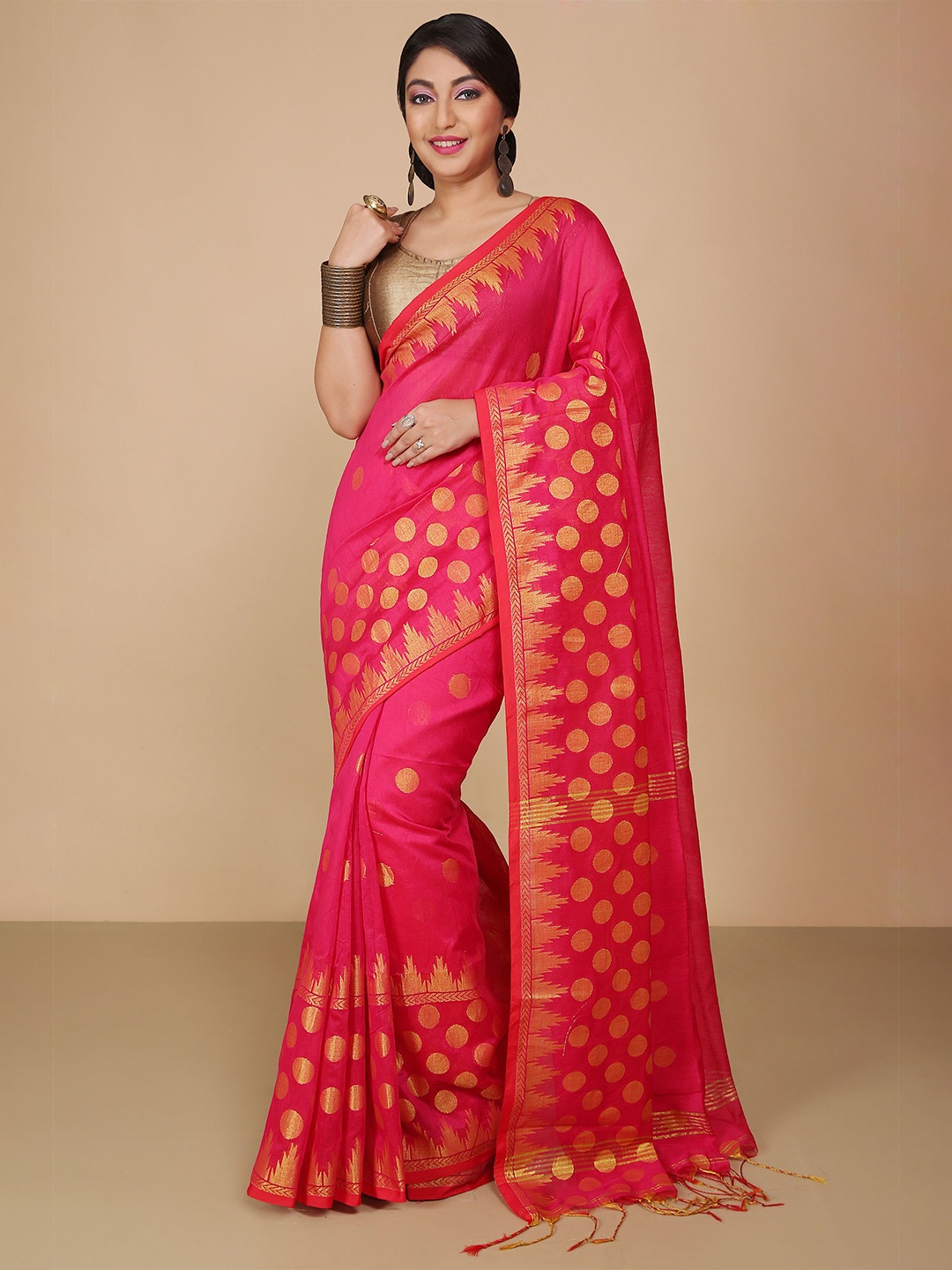 

BENGAL HANDLOOM Woven Design Polka Dots Zari Taant Saree, Pink