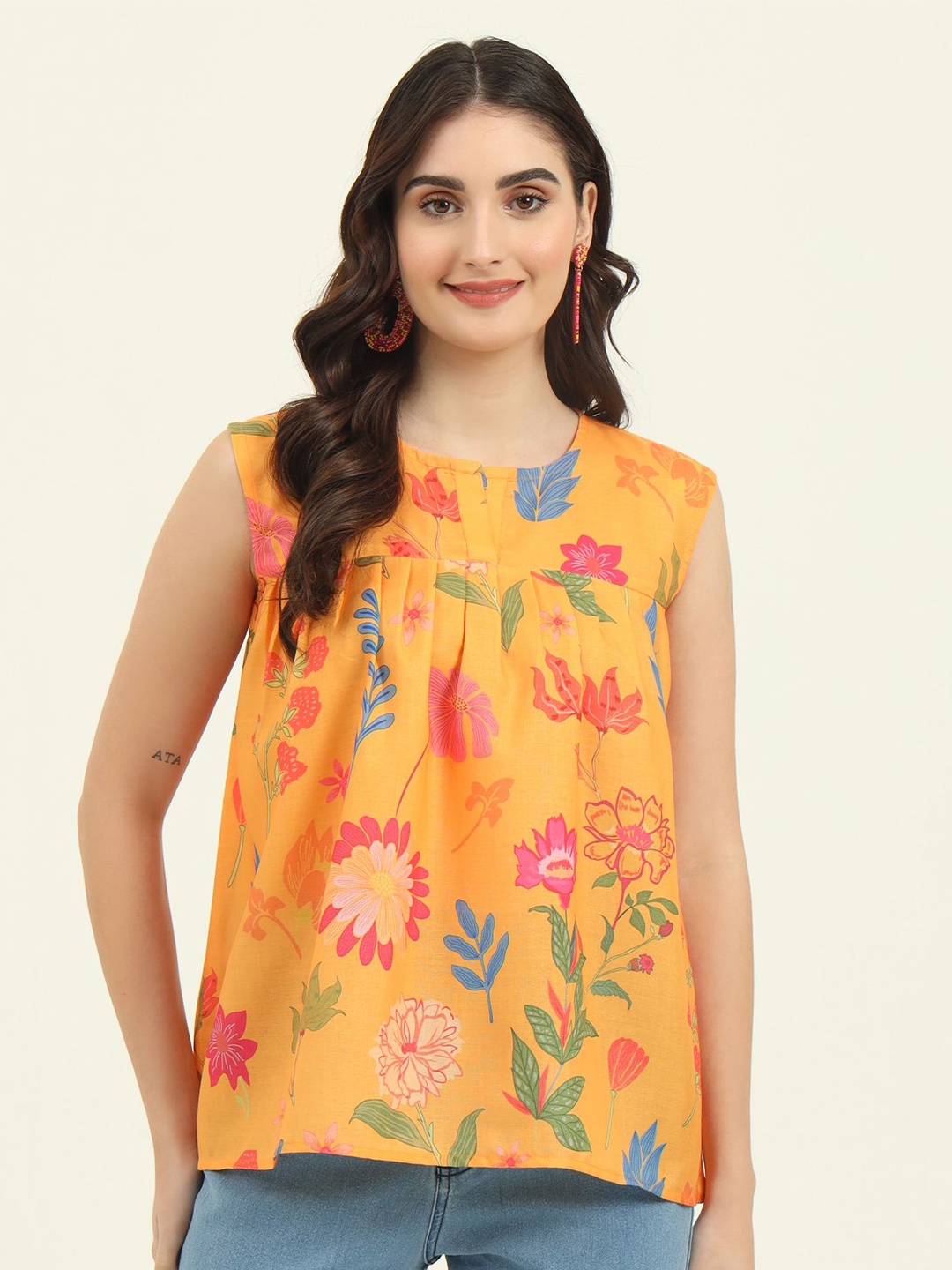 

AAA CREATION Floral Print Cotton Peplum Top, Yellow