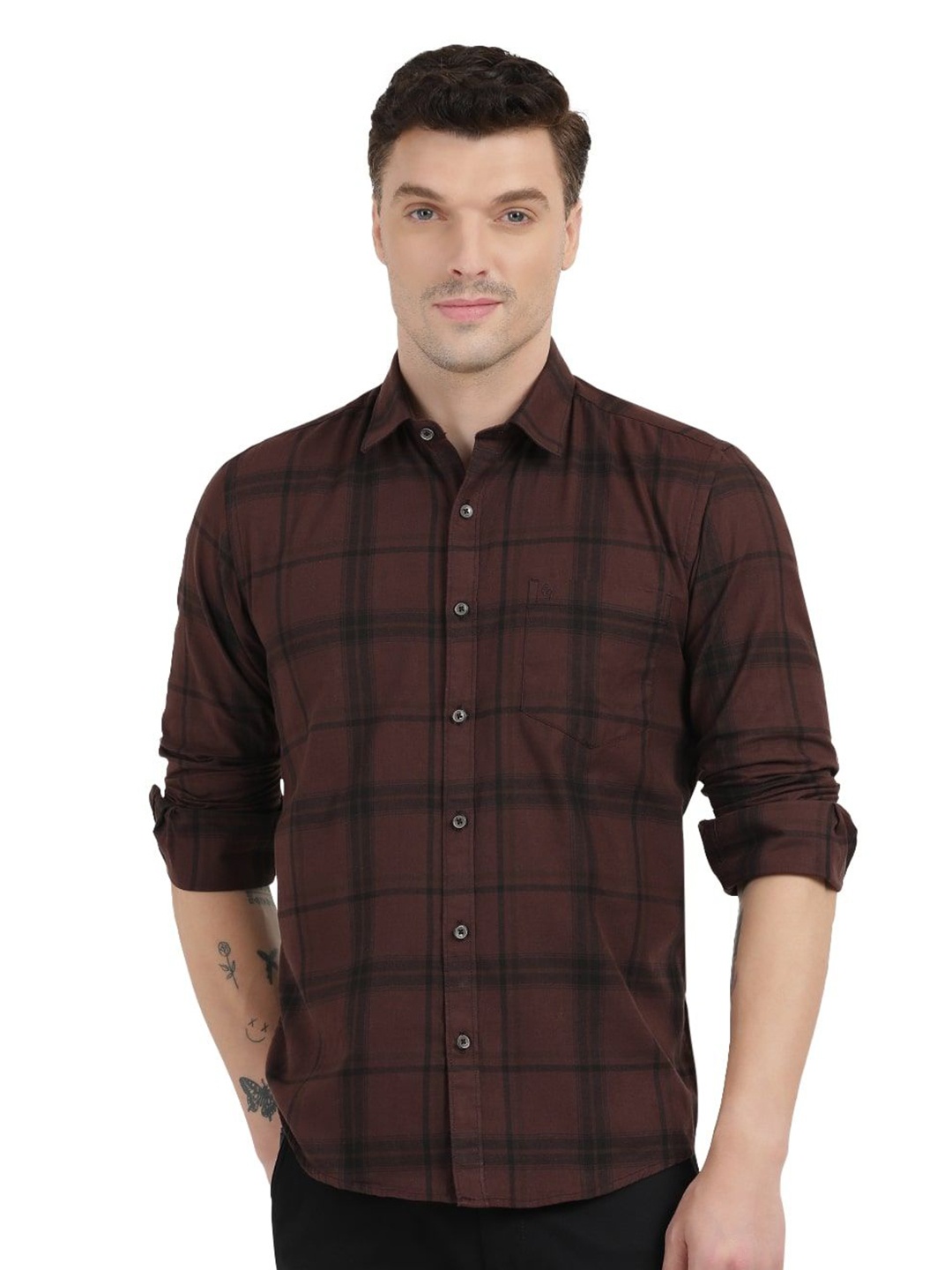 

Clarke Gable Men Spread Collar Tartan Checked Cotton Casual Shirt, Brown