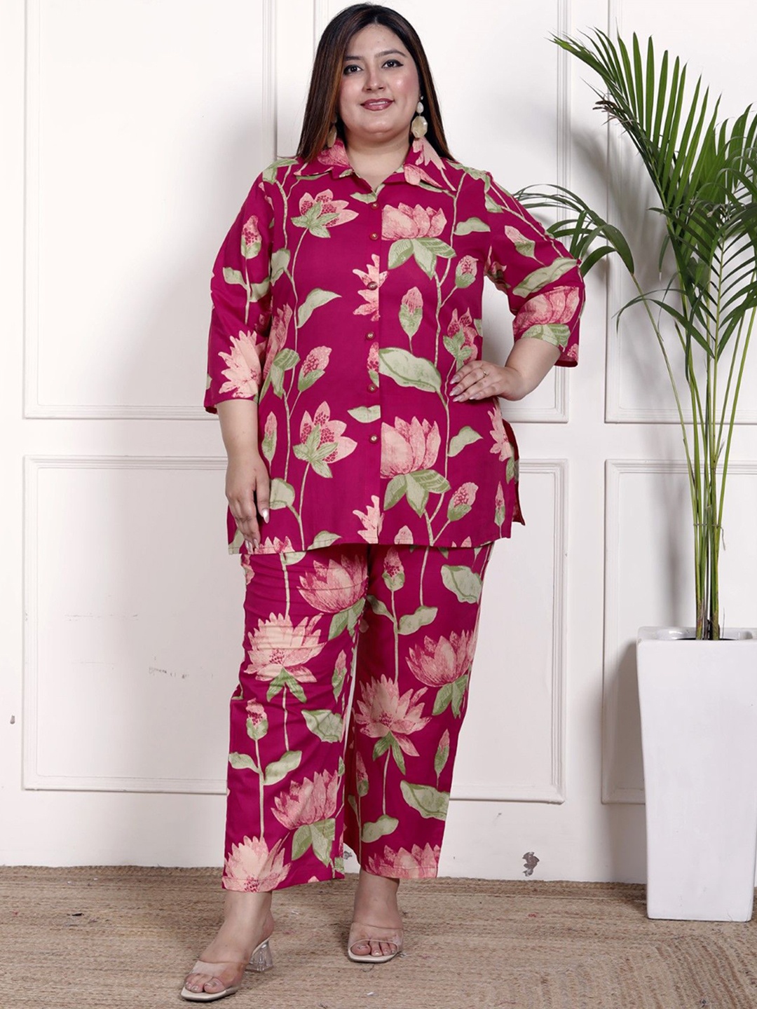 

Swasti Floral Printed Shirt Pure Cotton Plus Size Shirt With Trouser, Pink