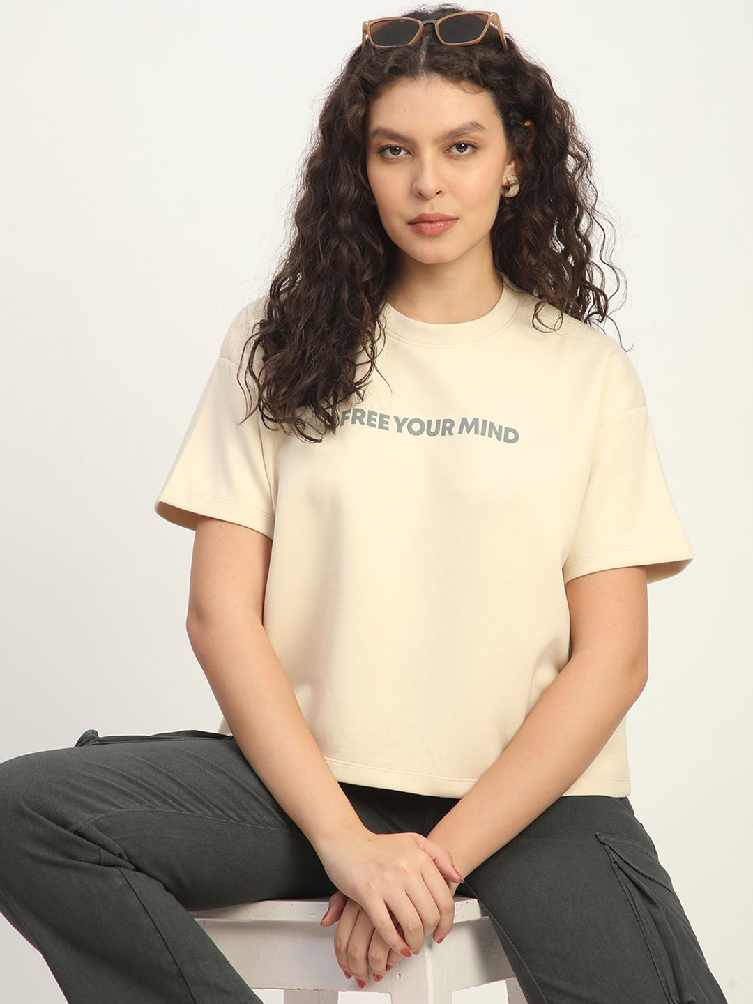 

R&B Women Typography Printed Boxy Top, White