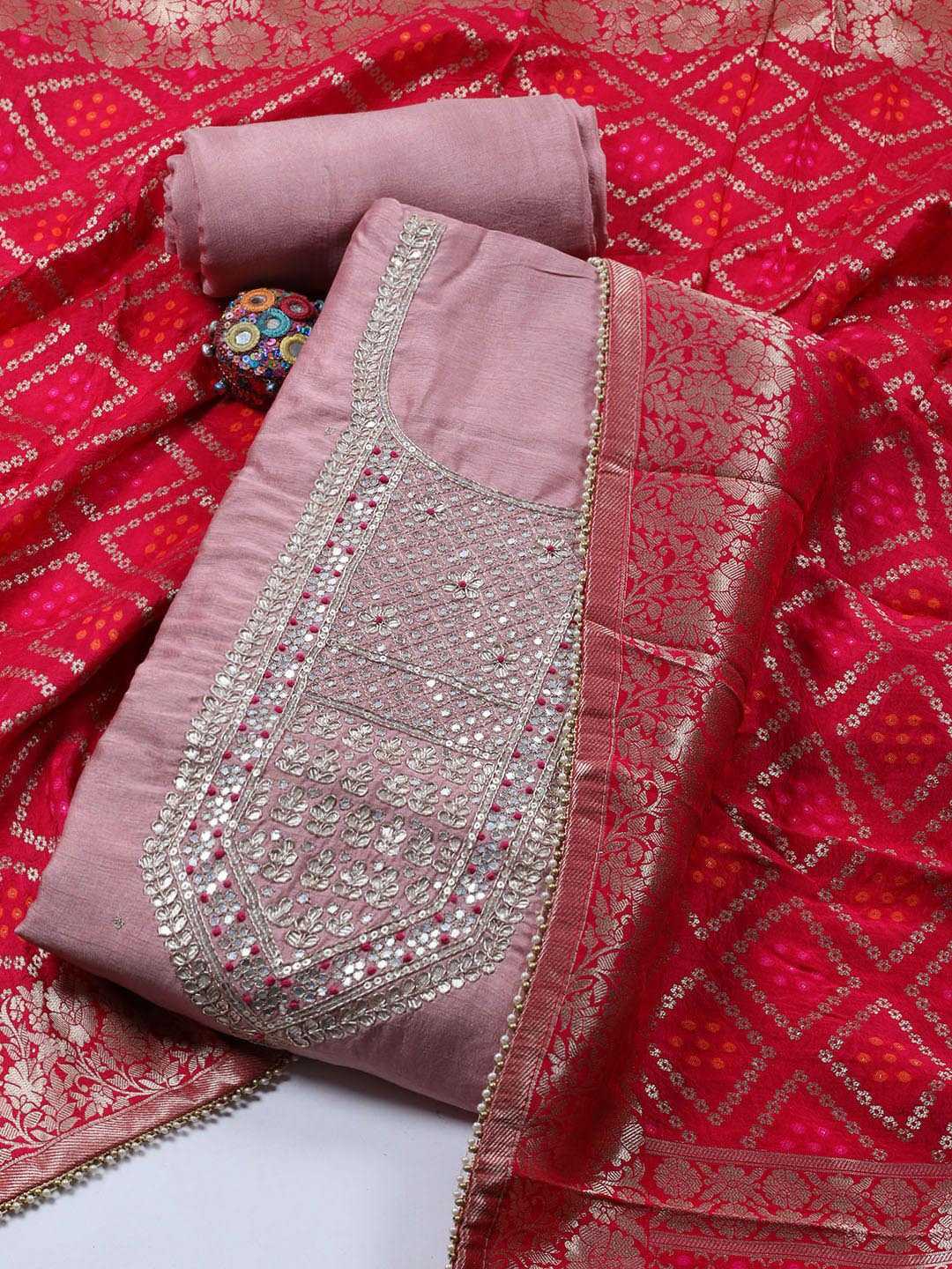 

Meena Bazaar Floral Embroidered Sequinned Unstitched Dress Material, Pink