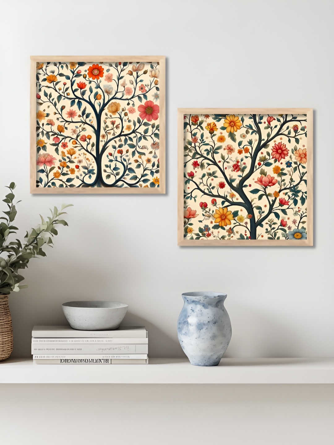 

Kotart Brown & Yellow 2 Pieces Floral And Botanical Printed Wooden Madhubani Wall Art