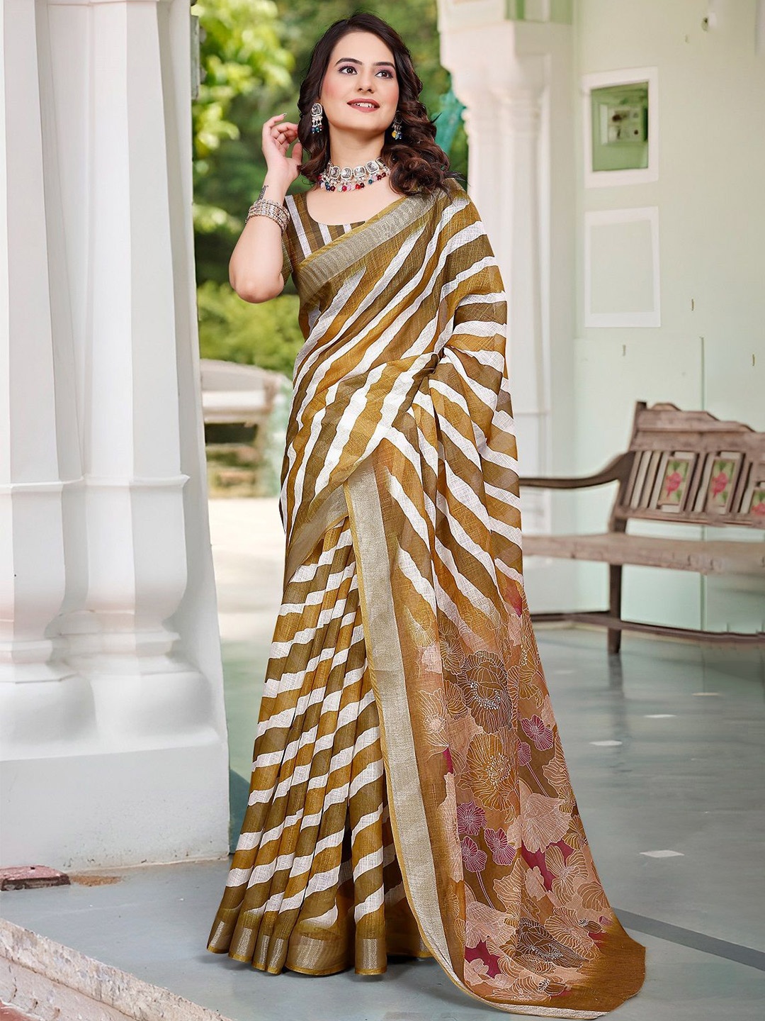 

Mitera Striped Printed Zari Pure Cotton Saree, Brown