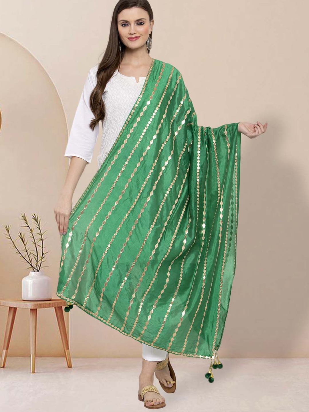 

Moda Rapido Striped Embroidered Gotta Patti Dupatta, Green