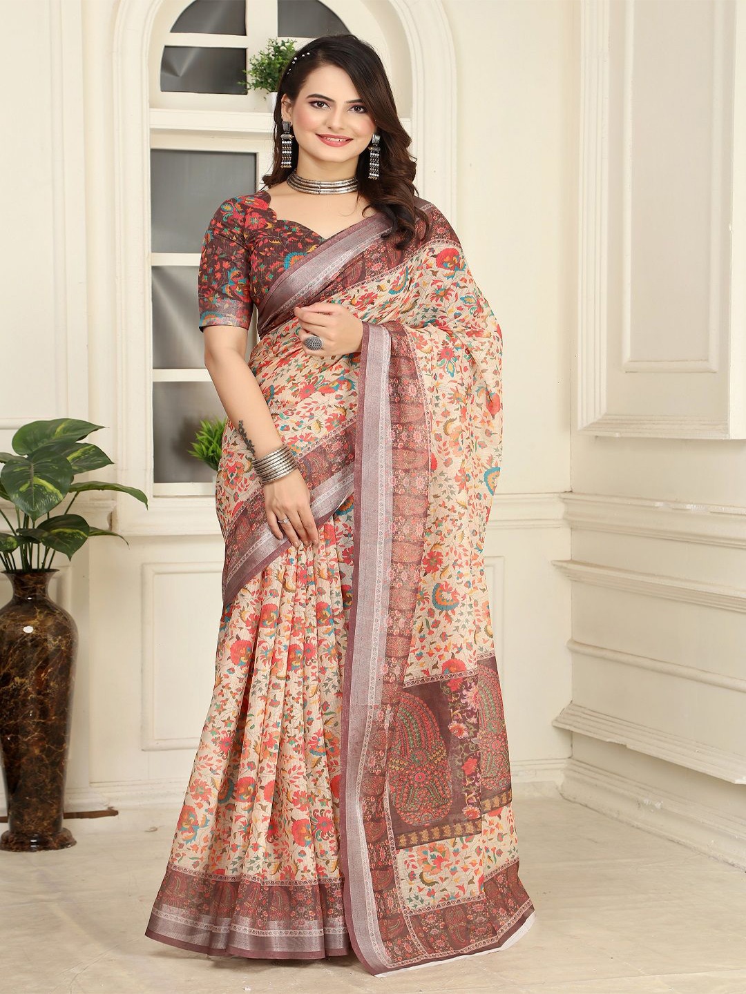 

Mitera Floral Printed Zari Pure Cotton Saree, Brown