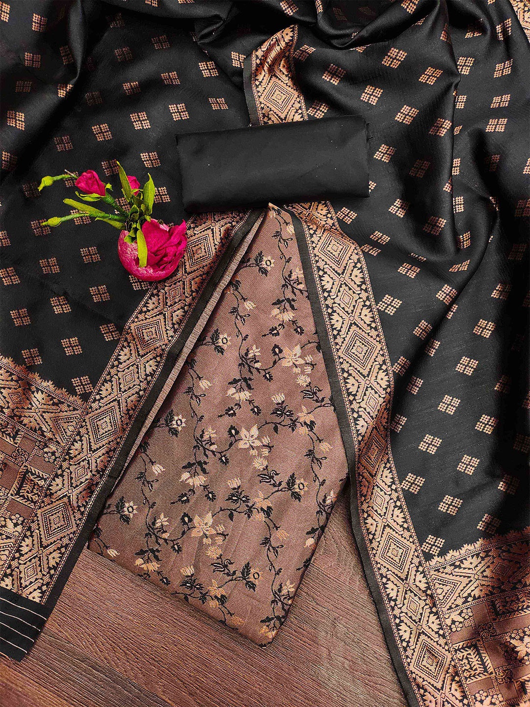 

Maroosh Floral Woven Design Jacquard Silk Unstitched Dress Material, Black