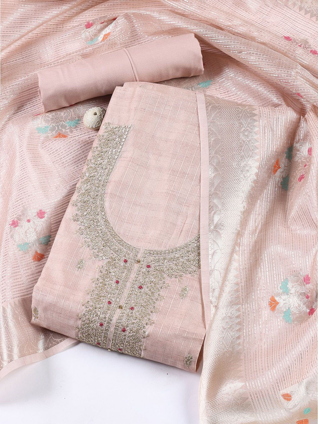 

Meena Bazaar Floral Embroidered Sequinned Unstitched Dress Material, Peach