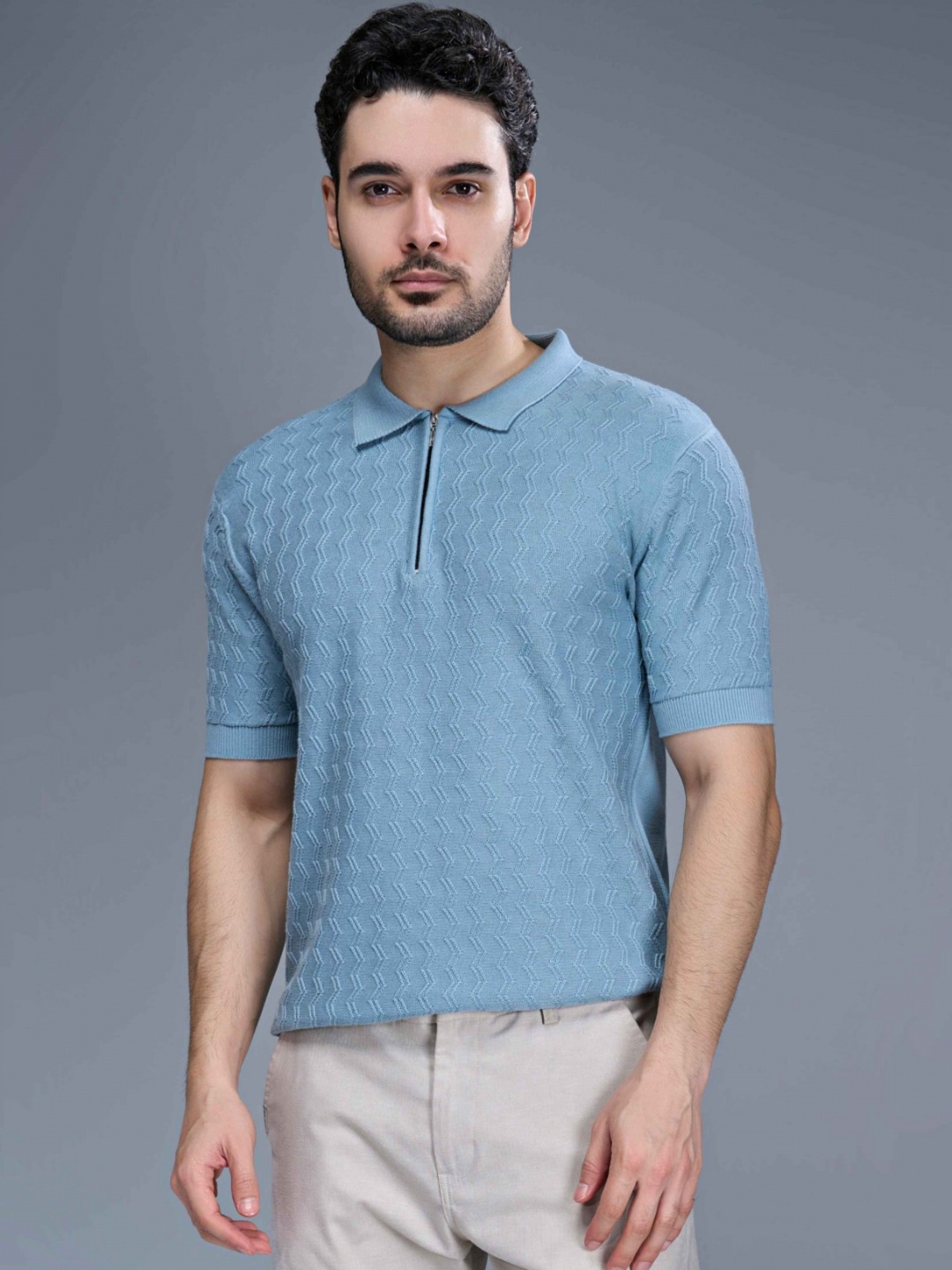 

MAXZONE Luxe Self Design Polo Collar Short Sleeves Pure Cotton T-shirt, Blue