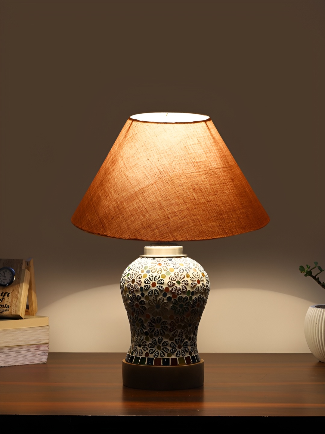 

Devansh Grey Textured Traditional Frusturical Shaped Wooden Table Lamp & Mosaic Glass