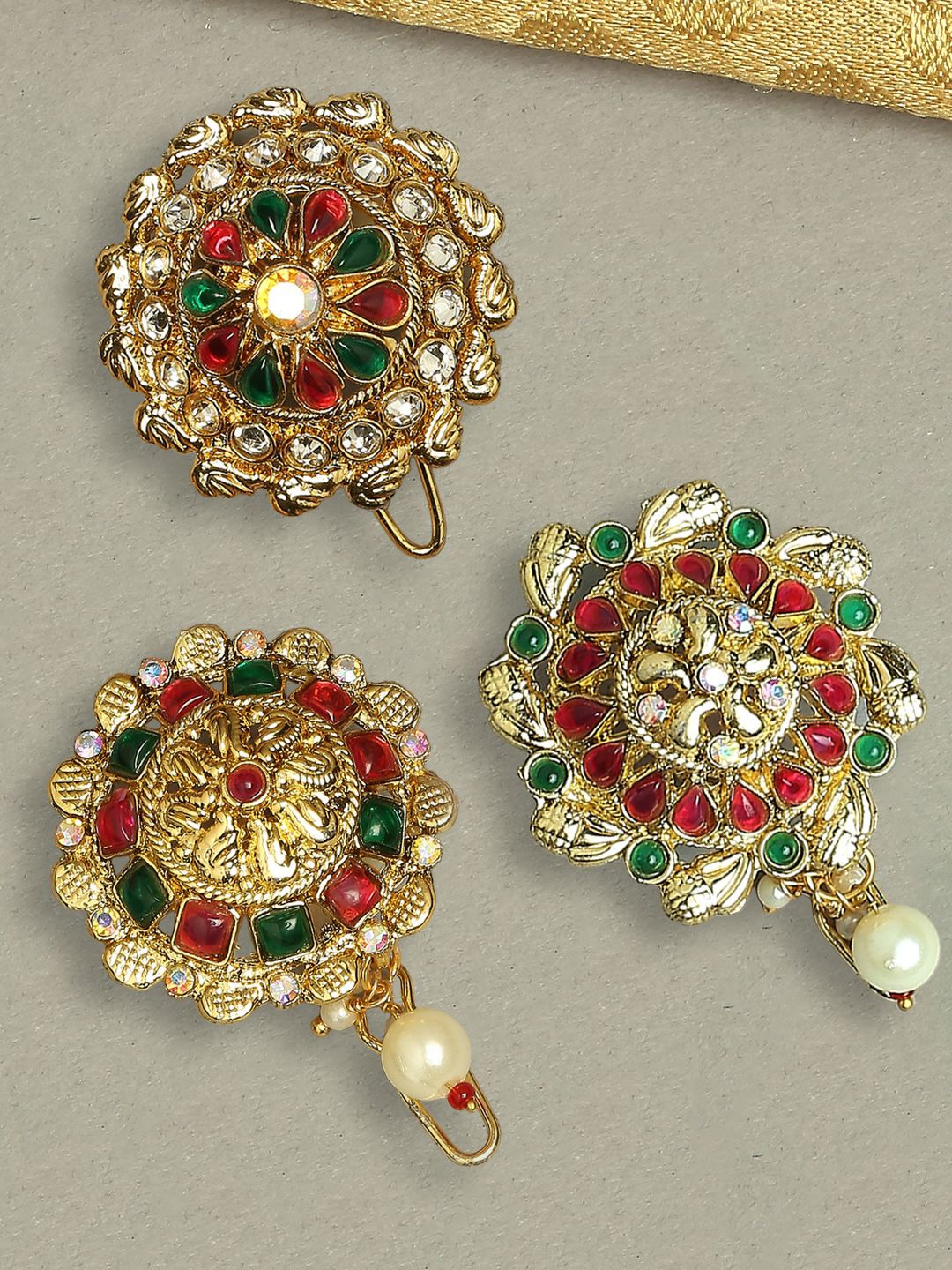 

Anouk Set of 3 Floral Design Artificial Stones Studded and Beaded Bun Pins, Gold