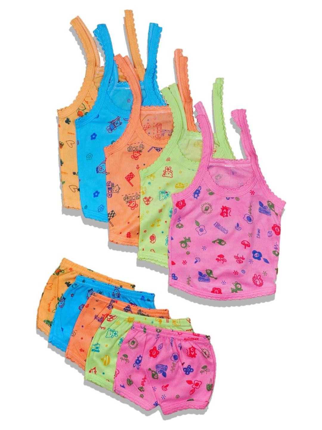 

HUXX Girls Pack Of 5 Printed Pure Cotton Top with Shorts, Blue