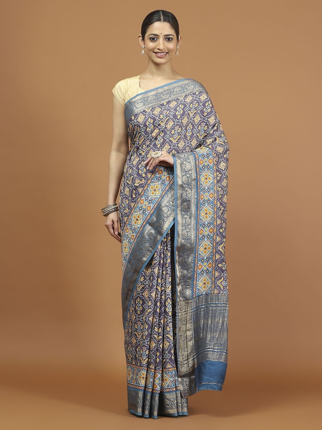 

Meena Bazaar Ethnic Motifs Printed Zari Saree, Navy blue