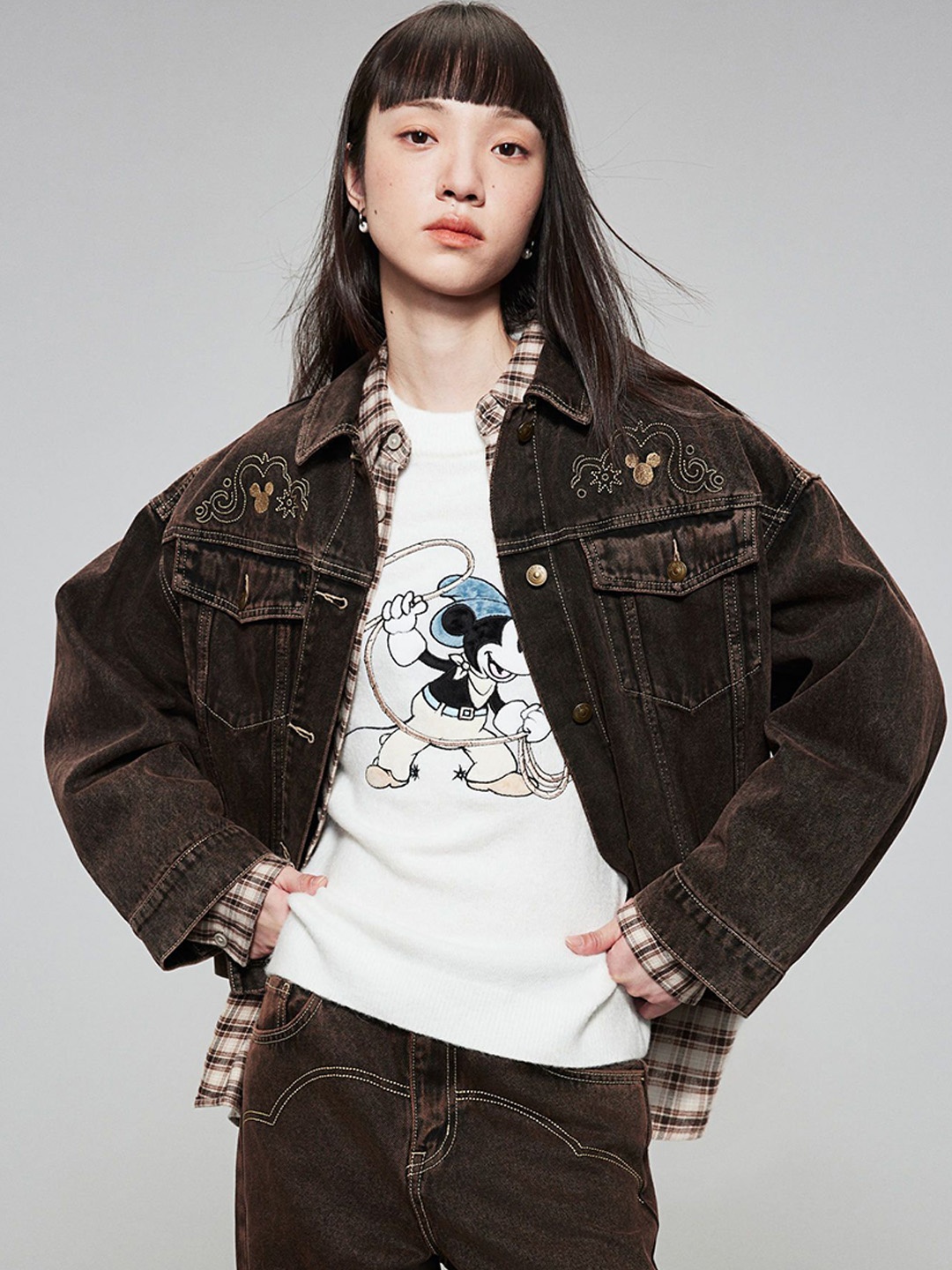 

H&M Motif-Detail Denim Jacket, Brown