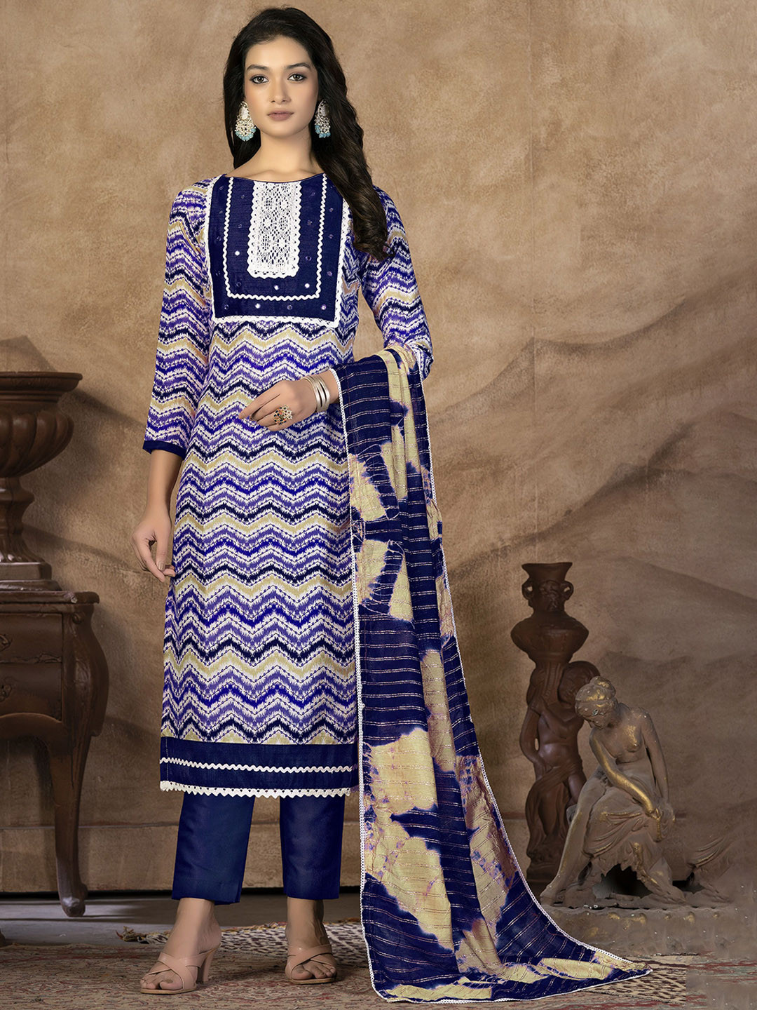 

SHADOW & SAINING Floral Embroidered Mirror Work Pure Cotton Unstitched Dress Material, Blue
