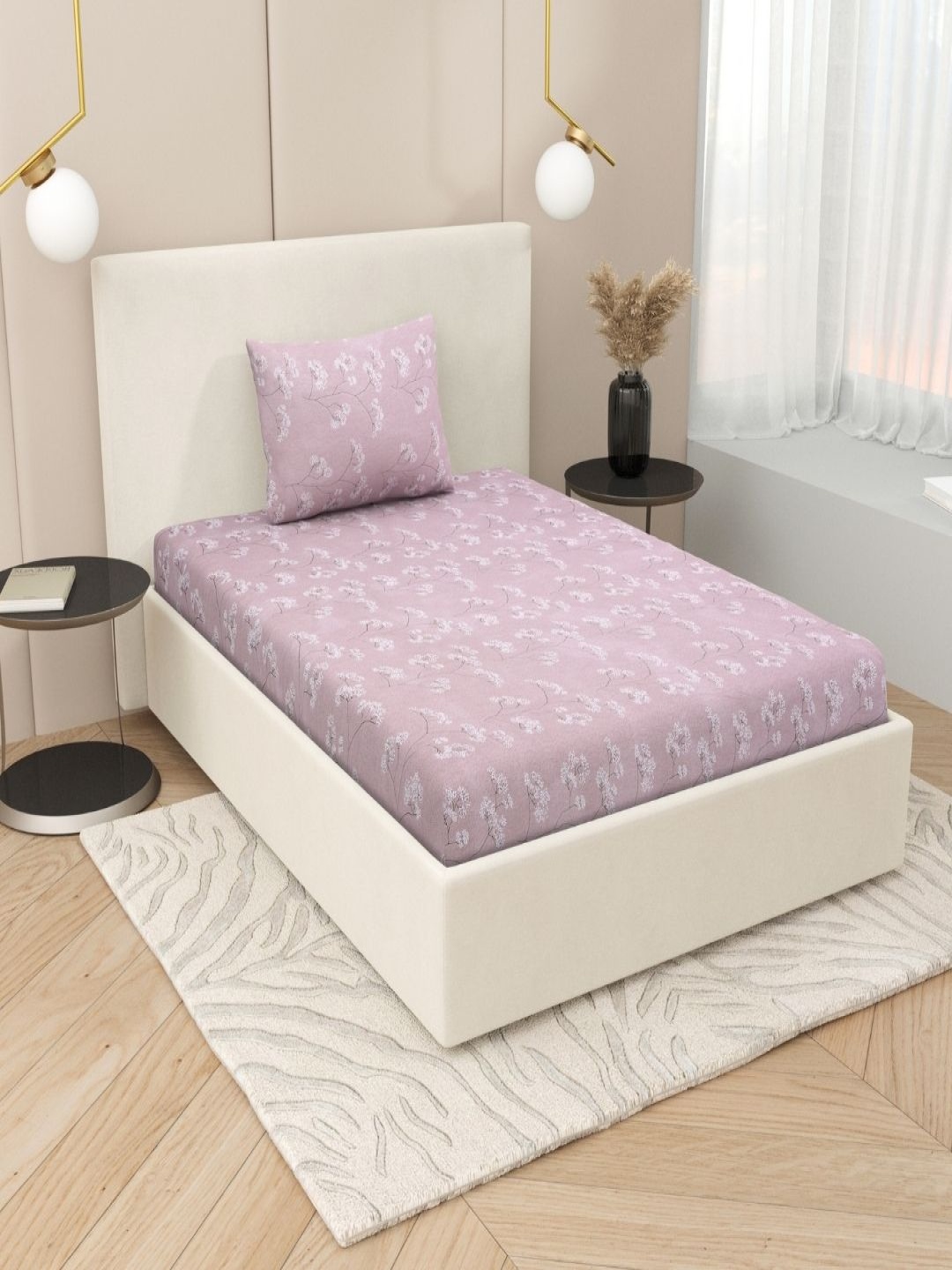 

Jaipur Weaves Pink & Grey Floral 180 TC Single Bedsheet with 1 Pillow Covers