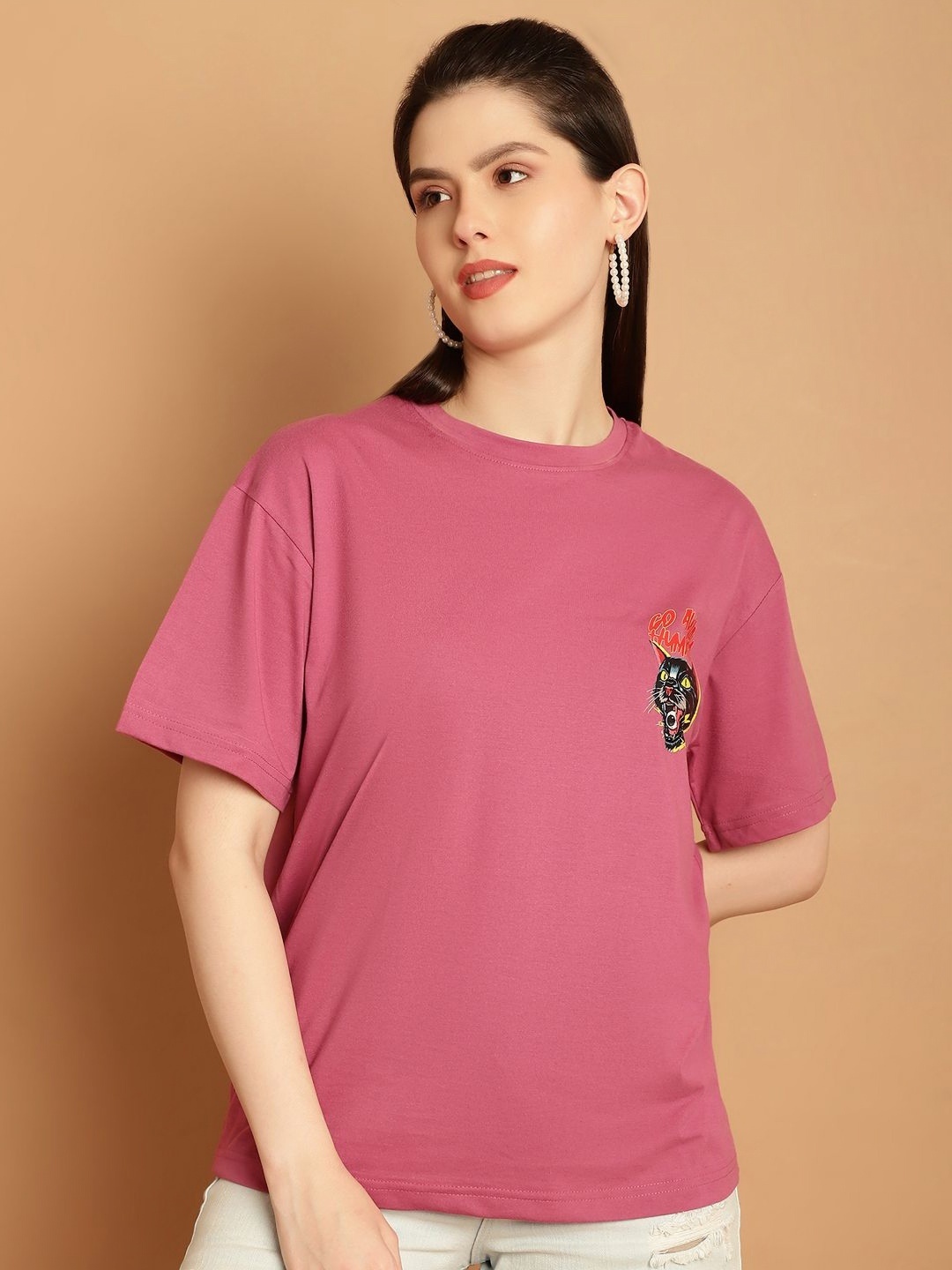 

Tromko Women Graphic Printed Round Neck Cotton Relaxed Fit T-shirt, Pink