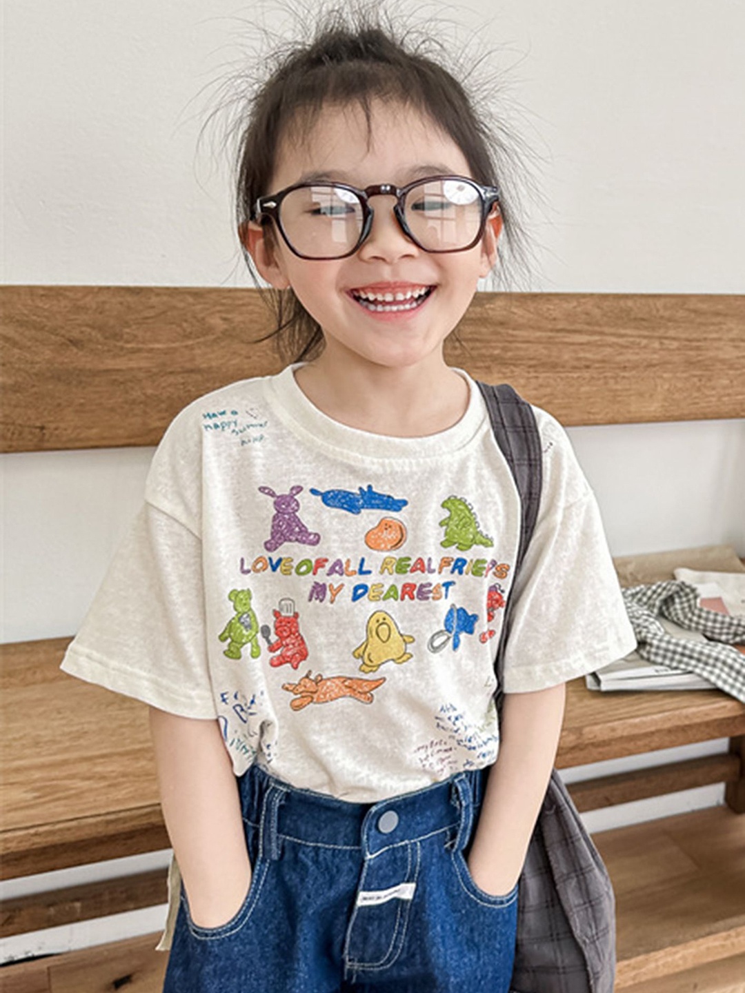 

LULU & SKY Girls Graphic Printed Round Neck Cotton Relaxed Fit T-shirt, Beige